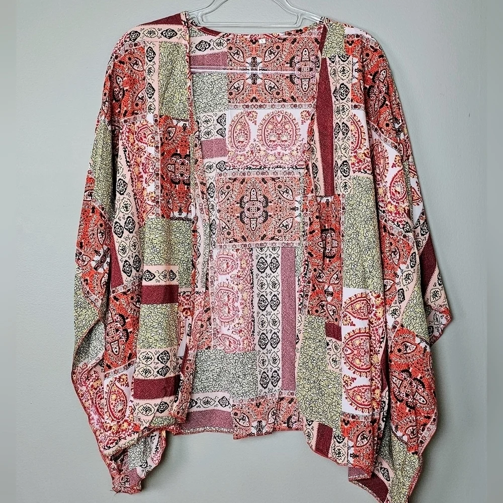 Women's Bohemian Print Short Beach Swim Cover-Up Kimono Top, Red Orange Green